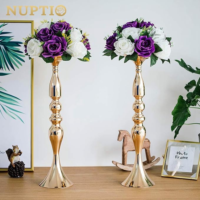 NUPTIO Pcs of 6 Fake Flower Ball Arrangement Bouquet,15 Heads Plastic Roses with Base, Suitable for Our Store's Wedding Centerpiece Flower Rack for Parties Valentine's Day Home Décor (Purple & White)