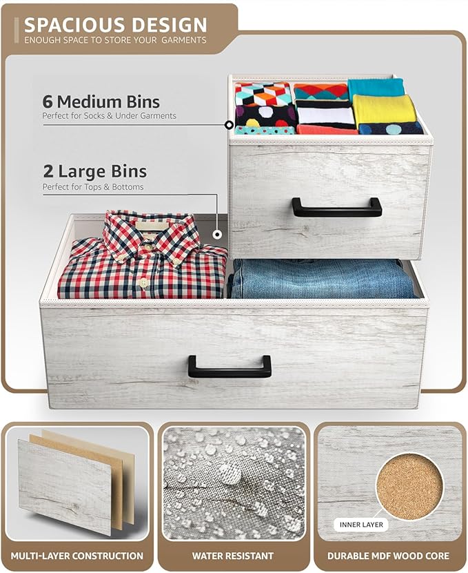 Sorbus Dresser with 8 Faux Wood Drawers - Chest Organizer Unit with Steel Frame Wood Top & Handle Easy Pull Fabric Bins for Clothes - Wide Storage Furniture for Bedroom Hallway, Living Room & Closet