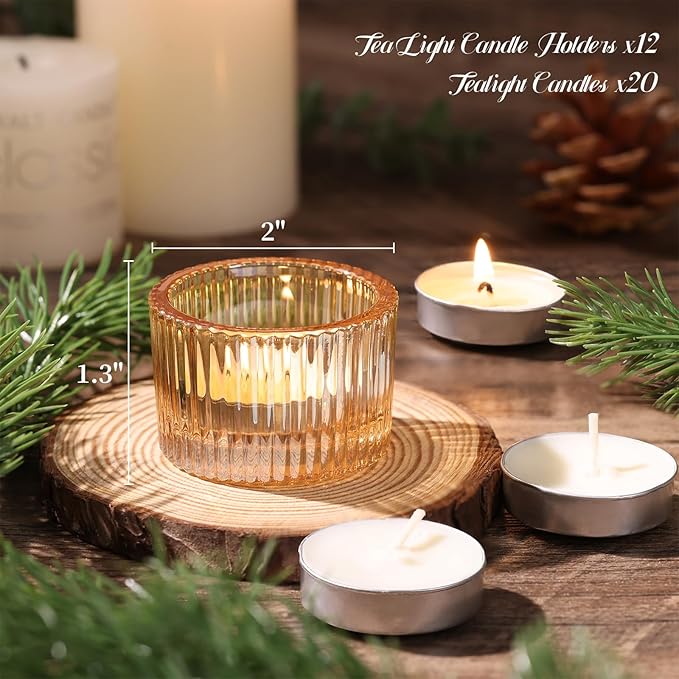 12Pcs Gold Candle Holders for Table Centerpiece, Ribbed Gold Tea Light Candle Holders with 20pcs Tea Light Candles for Wedding Decor, Home Decor and Party Decor