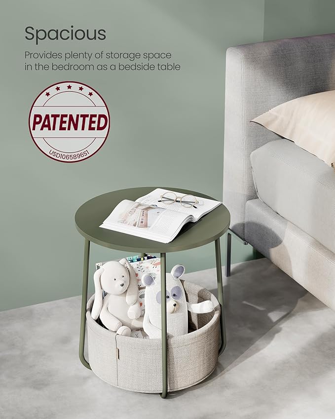 VASAGLE LILEA Collection - Small Round Side End Table, Modern Nightstand with Fabric Basket, Forest Green and Cream White ULET223C80