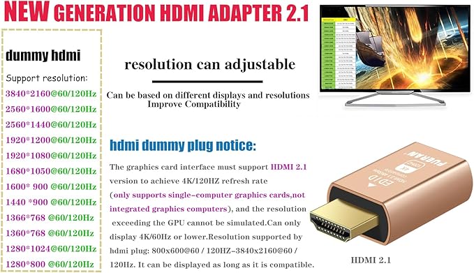 4K 120Hz HDMI 2.1 Dummy Plug Virtual Monitor Display Emulator Headless Display Adapter 3840x2160@120Hz1440@1080P@120Hz HDMI-Compatible Graphics Acceleration for Ethereum ETH ZEC BTC Mining