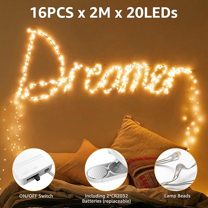 Olafus 16 Pack Christmas Fairy Lights Battery Operated Warm White, Halloween Small String Lights Copper Wire 20 LED 7ft, IP68 Waterproof Bottle Light for Wedding Vases Centerpieces Decorations Party