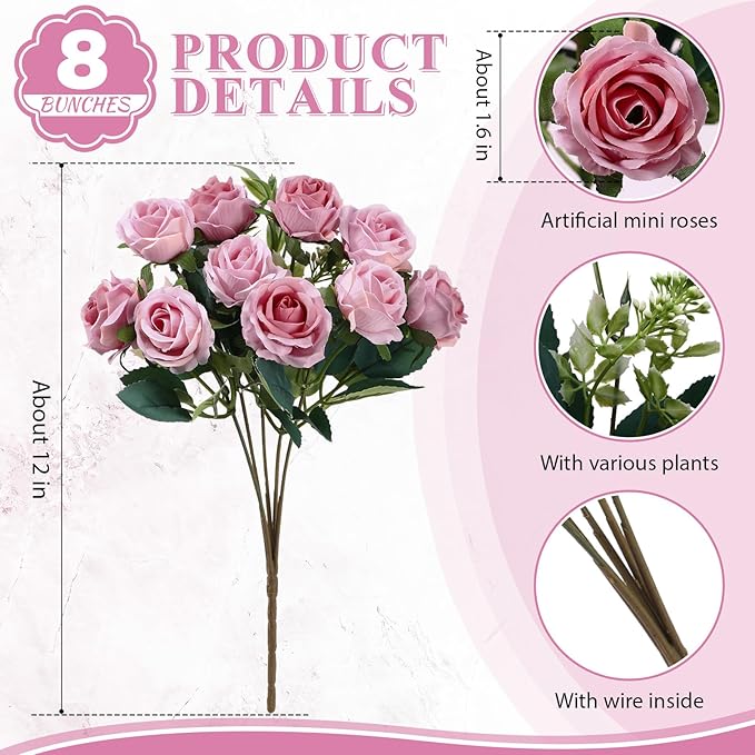 Zeyune 8 Pack 12 Inch Wedding Artificial Rose Bouquet Silk Roses Flowers Bunches Bulk Fake Roses for Bridal Home Office Garden Parties Valentine Decoration (Dusty Pink)