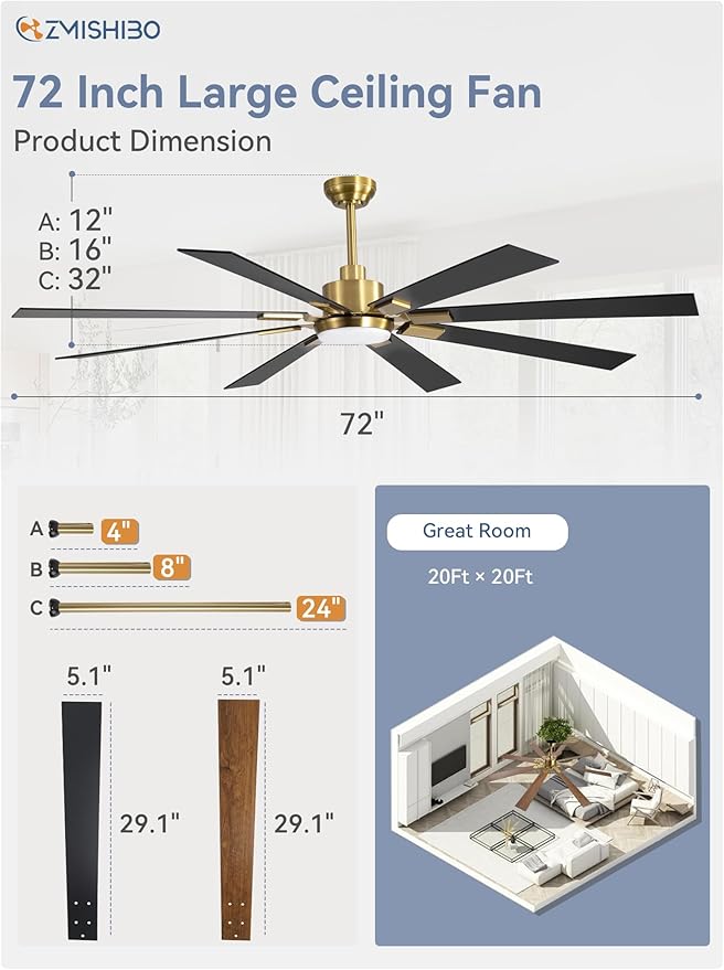 ZMISHIBO 72 inch Black and Gold Ceiling Fans with Lights and Remote, Indoor/Outdoor Ceiling Fan for Patio Living Room, 6 Speed Reversible Quiet DC Motor, 3 CCT, Dual Finish Blades