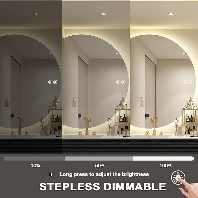LED Bathroom Mirror with Lights, 44×31Inch Anti-Fog Backlit Vanity Mirror-Half Circle Mirrors with 3-Color, Dimmable Brightness, Shatter-Proof Decor Vanity Mirror