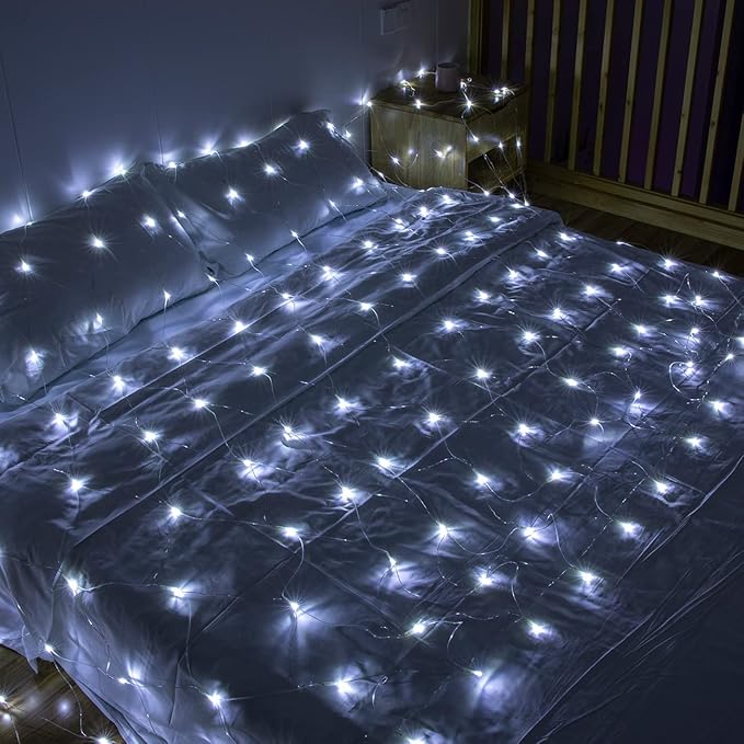 AWQ 360 LED 13.1ft x 6.6ft String Lights Net Mesh Lights Christmas Net Lights 8 Modes for Christmas Wedding Party Home Garden Lawn Bushes Bedroom Indoor Outdoor Decor (White)