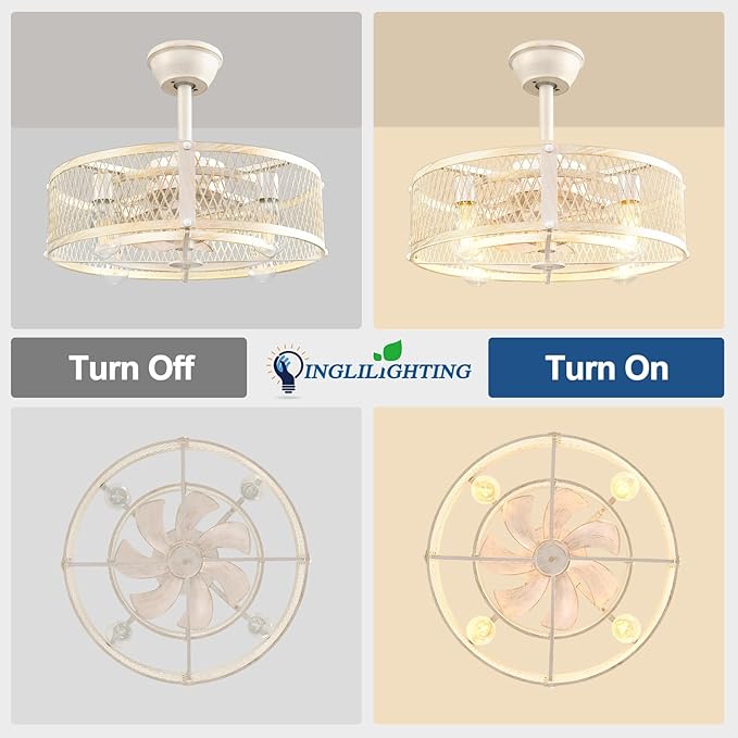 DLLT Caged Ceiling Fan with Lights: 20" Farmhouse Fandelier with Light and Remote - Cement Industrial Chandelier Fan Light for Bedroom Living Dining Room Kitchen