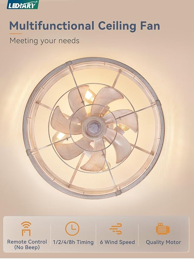 LEDIARY 20 Inch Fandelier Caged Ceiling Fan with Light, Bladeless Ceiling Fan with Remote, Small Farmhouse Fan Lights Ceiling Fixtures for Kitchen, Bedroom-White and Gold