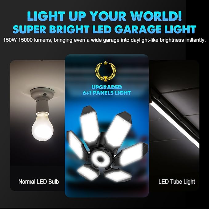 Garage Light Bulb LED 100W with 6 Deformable Panels, E26/E27 Garage Led Ceiling Lights Screw in for Porch Barn Basement Attic