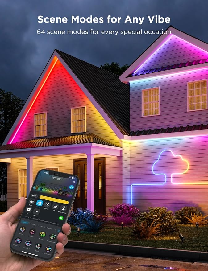 Govee Outdoor Neon Rope Lights, 65.6ft RGBIC IP67 Waterproof Outdoor Decorations with 64 Scene Modes, Music Sync, Flexible LED Outdoor Lights, Outdoor Lights Work with Alexa, Google Assistant