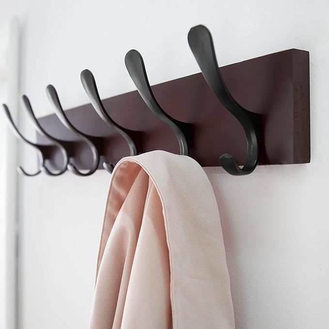SKOLOO Coat Rack Wall Mount - Wooden Brown Wall Coat Hook, Pack of 2, Wall Coat Hanger Rack with 6 Hooks for Hanging Coats, Hats, Clothing, Scarfs, Brown & Black
