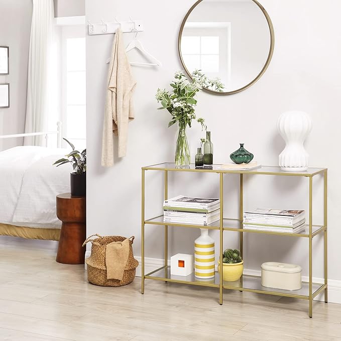 VASAGLE 39.4 Inch Console Table with 3 Shelves, Set of 2 Sofa Tables, Modern Entryway Table, Metal Frame, Tempered Glass Shelf, Entryway Living Room Bedroom, Metallic Gold and Transparent ULGT999G01