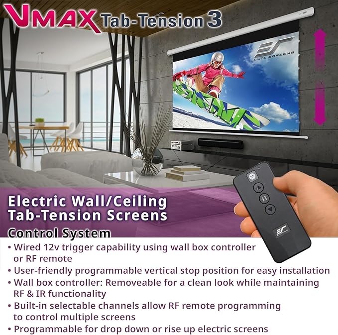 Elite Screens VMAX Tab Tension 3 Series, 120-INCH Electric Motorized Projector Screen Movie Home Theater Gaming, VMAXT120XWH3