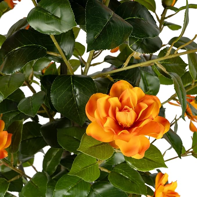 Artificial Camellia Tree 2 Pack, Artificial Plants Outdoor Faux Floral Plant in Cement Pot Fake Silk Camellia Tree Plants for Home House Living Room Office Decor