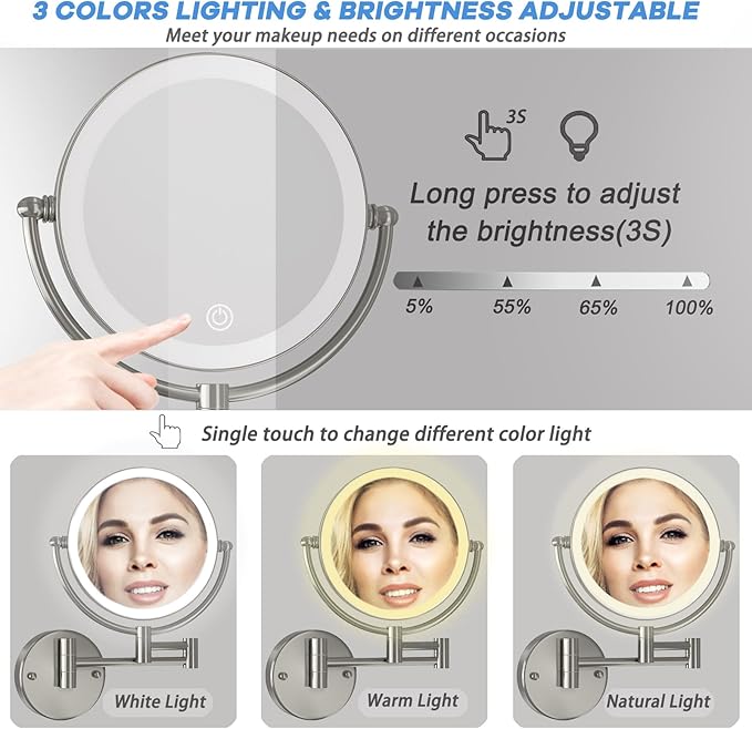 Wall Mounted Lighted Makeup Vanity Mirror with Magnification, 8 Inch Double Sides 10X Magnifying Bathroom Mirror 3 Color Lighting Touch Dimming, Extended Arm Shaving Mirror Hard Wired, Brushed Nickel