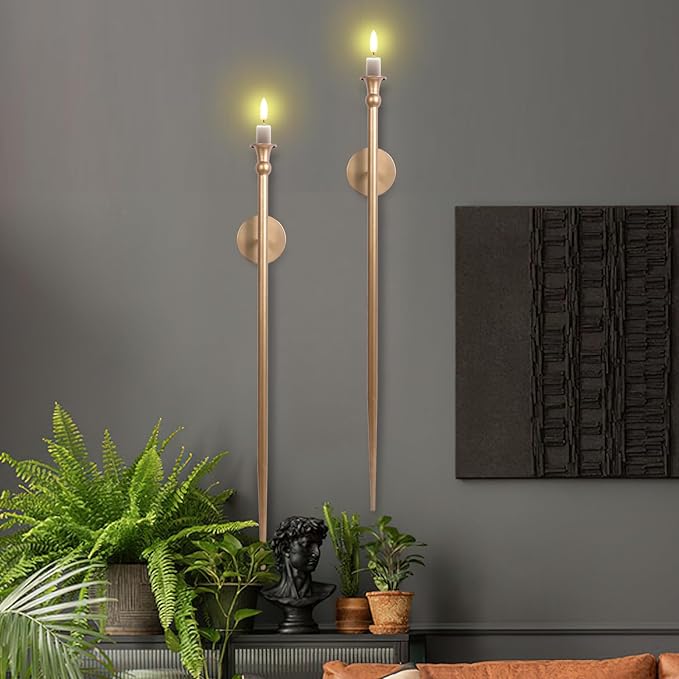Candle Sconces Long Wall Candle Holder - Set of 2 Gold Long Wall Candle Sconce Retro Chic Wall Sconces Candle Holder Decoration for Dining Room, Living Room, Office, Bathroom