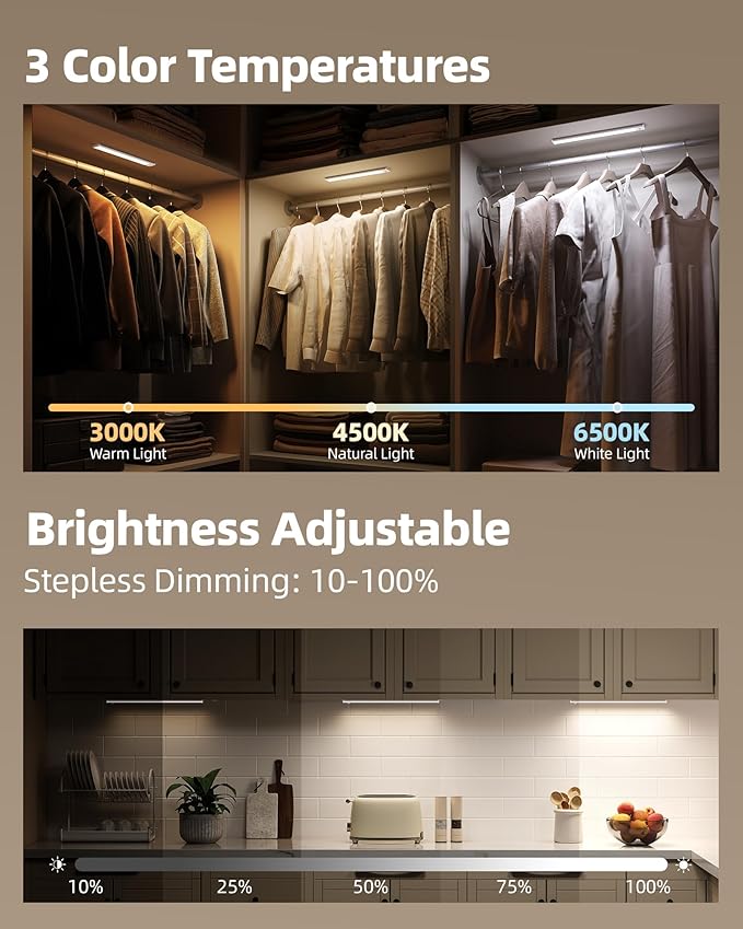6-Pack Under Cabinet Lighting Wireless, LED Motion Sensor Light Indoor, Rechargeable Closet Lights Battery Operated, Dimmable & 3 Color Temps, Under Counter Lights for Kitchen, Stairs (8inch)