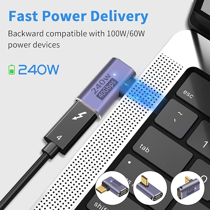 Duttek USB C 90 Degree Adapter [40Gbps, 240W Fast Charging and 8K Video ] USB C Angle Adapter Support Thunderbolt 4/3 Cable for Laptop, Tablet and Phones (3 Pack)