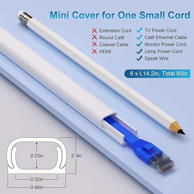 ZhiYo 85in Cord Covers for Wires on Wall, 1 Mini Cord Hider Wall, Self-Adhesive Wire Covers for Cords, Paintable TV Cable Hider Cable Management Kit, 6X L14.2in, W0.46in H0.3in, CMR05 Gray