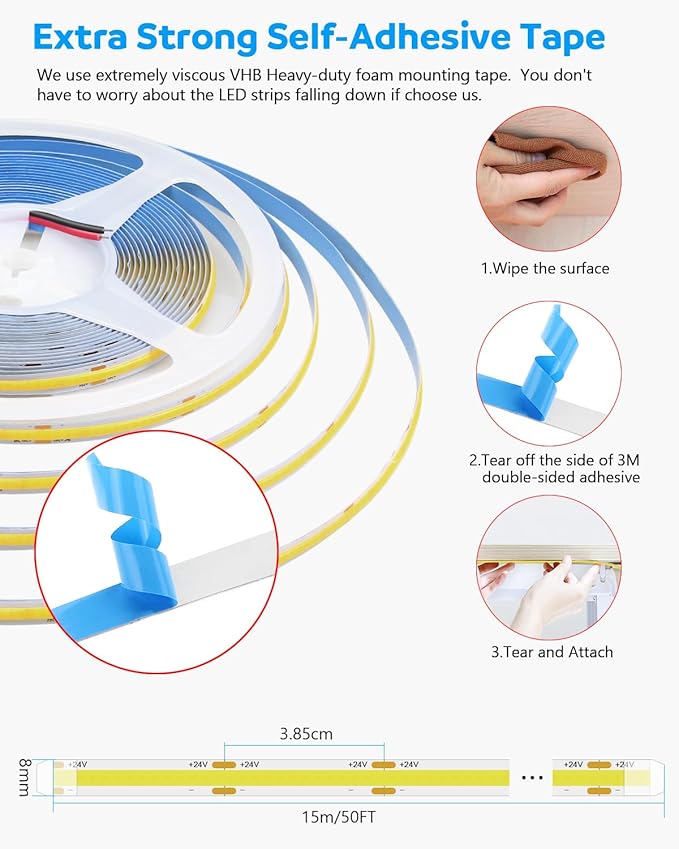 Aclorol 50FT COB Led Rope Light 6000K 24V Flexible COB Led Strip Light Cool White Super Bright for Bedroom TV Party Home Indoor Decor 15M LED Tape Light CRI85+ (Power Supply & LED Dimmer Not Included)