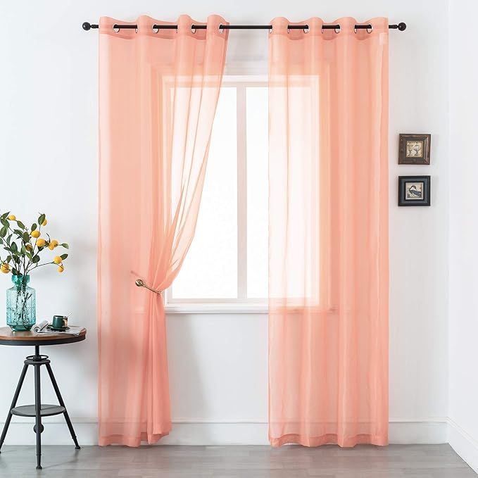 DUALIFE Coral Curtains 84 Inches Long for Living Room Set of 2 Panels Grommet Transparent Coral Sheer Curtains for Bedroom Decor Dining Area Decorations 52x84 Inch Length