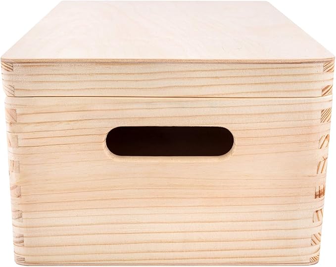 Large Wooden Storage Box with Hinged Lid | 11.8 x 7.87 x 5.51 in (+-0.5) | Plain Unpainted Gift Box with Handles for Tool Toy Shoes Kitchen Clothes Jewelry | Rough & UNSANDED Wood