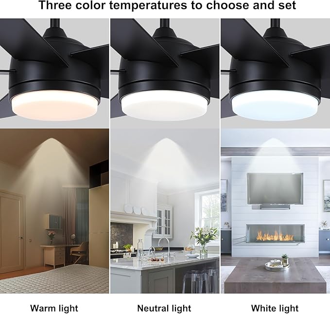 YUHAO 44 Inch Black Ceiling Fan with Light and Remote Control.Noiseless,Dimmable,3CCT,6 Speeds Reversible, DC Ceiling Fans for Indoor or Covered Outdoor