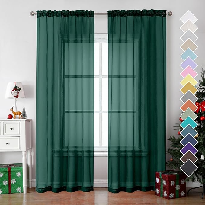 OVZME Hunter Green Sheer Curtains 84 Inches Long 2 Panels - Soft Light Filtering Window Sheer Panels for Living Room/Bedroom, Top Dual Rod Pocket, 1 Pair, Each 42Wx84L Inches