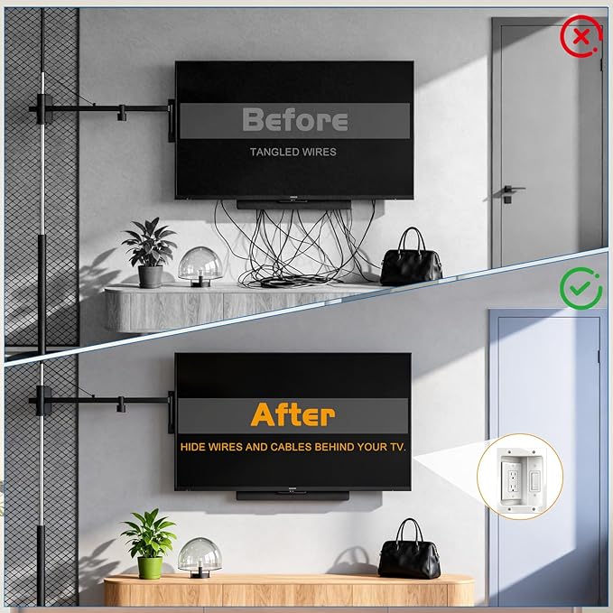 Wall Cable Concealer Kit with Recessed Tv Outlet Box-Two-Hole Socket,Tv Cable Hider Wall Kit Hider Box Fits All Plugs, Easy, Safe Cable Management
