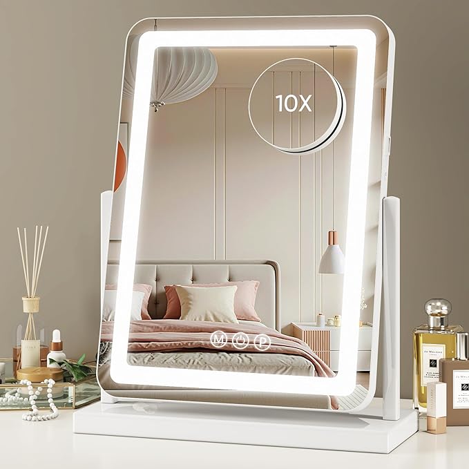 Vanity Mirror with Lights, 18"x13" Hollywood Lighted Makeup Mirror for Tabletop & Bedroom 3 Color Lighting Modes Smart Touch Control 360° Rotation Detachable