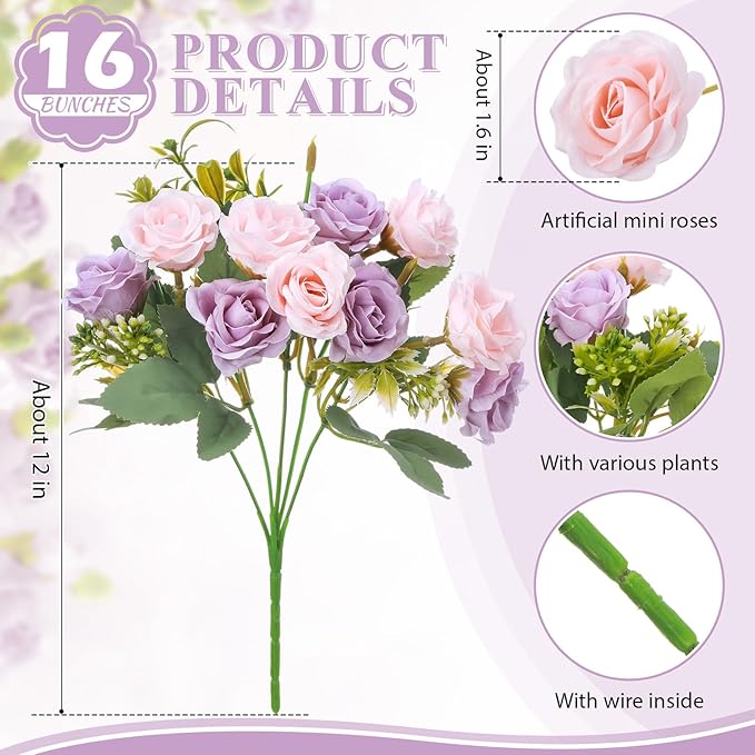 Zeyune 16 Bunches 12 Inch Artificial Mini Rose Bouquet 160 Heads Bridal Flower Bouquets Fake Silk Rose Bulk for Wedding Bridal Shower Christmas Home Office Garden Decoration(Pink and Purple)