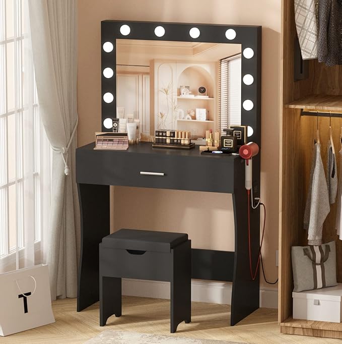 Vanity Table Set with Lighted Mirror - Makeup Vanity with Charging Station, Large Drawer Sturdy Wood Vanity with Lights, 3 Color Modes, Adjustable Brightness，Black