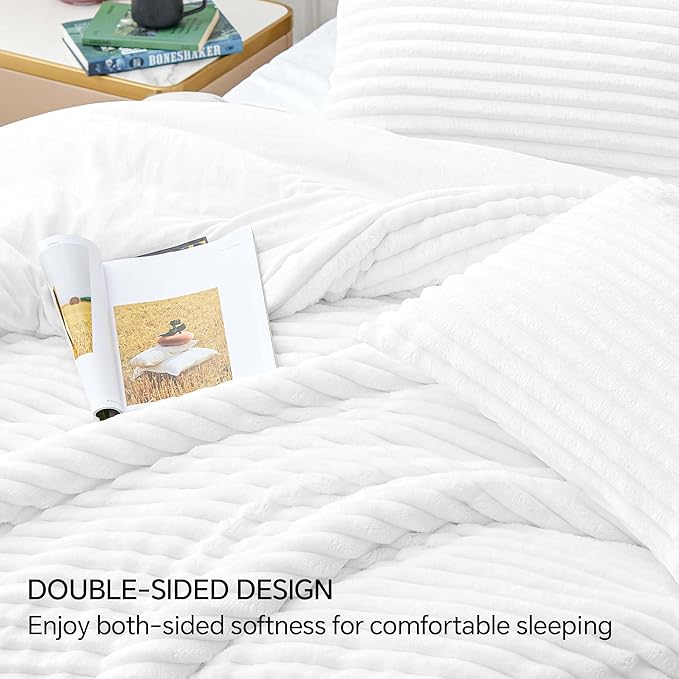 BEDELITE Fleece Queen Comforter Set -Super Soft & Warm Fluffy Bright White Bedding, Luxury Fuzzy Heavy Bed Set for Winter with 2 Pillow Cases