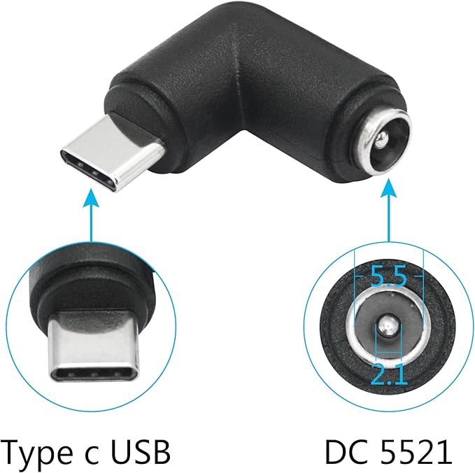 4Pcs DC 5.5mm x 2.1mm to USB C Adapter, 90 Degree Right Angle DC 5521 Female to USB Type C Male Plug Convert Connector 5V Power Supply Adapter