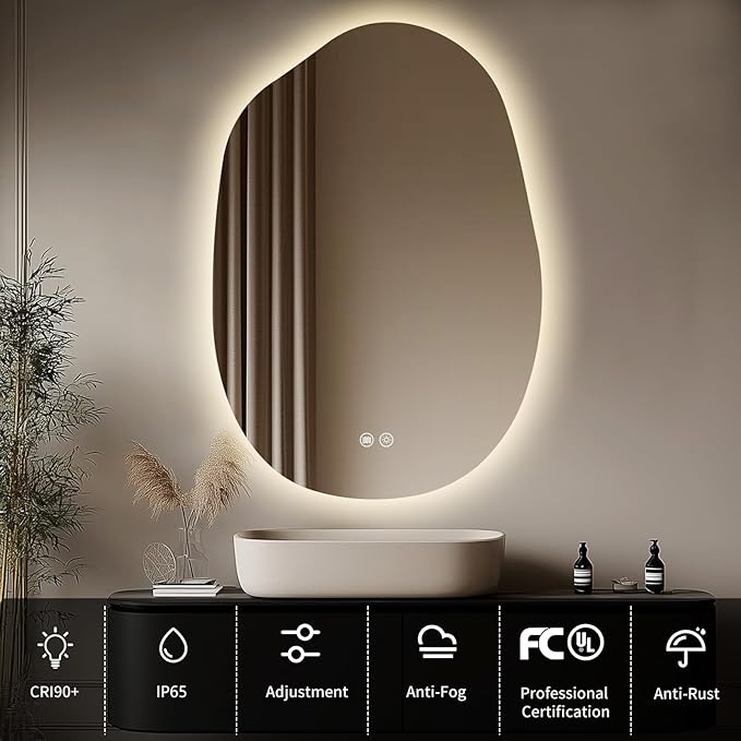 LED Bathroom Mirror with Lights 26x38, Stepless Dimmable Irregular Backlit Mirror with 3 Colors, Anti-Fog, Memory, Al-Alloy Lampshade, Frameless Vanity Mirror for Bathroom (Horizontal/Vertical)