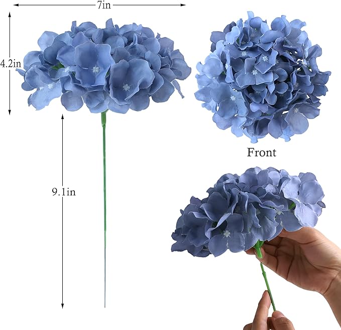 AVIVIHO Dusty Blue Silk Flowers Heads Artificial Hydrangea Pack of 10 Fake Full Hydrangea Flowers with Stems for Wedding Home Party Shop Baby Shower Decoration