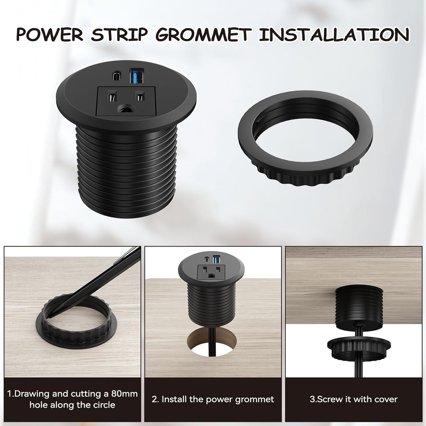 XBA 2inch Desktop Power Grommet - Recessed Power Strip with PD 20W USB C and AC Outlet