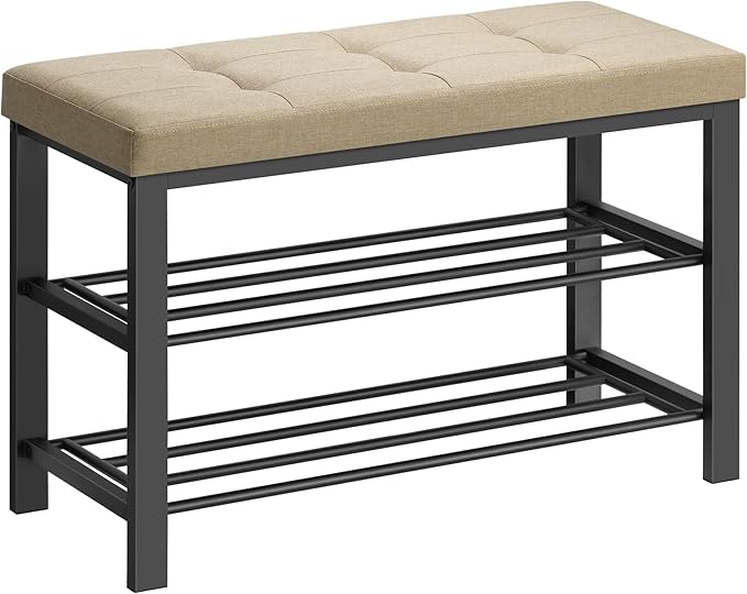 SONGMICS Shoe Bench, Storage Bench, Entryway Bench with Cushion, Shoe Shelf with Seat, Space-Saving, Modern Style, for Living Room, Bedroom, Hallway, Camel Brown and Ink Black ULBS057K01