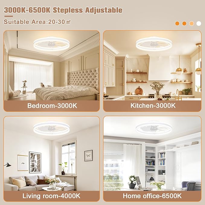 VOLISUN Low Profile Ceiling Fans with Lights and Remote, 23.6in Flush Mount Ceiling Fans with Light, 3000K-6500K Dimmable Fandelier LED Fan Light, White Bladeless Ceiling Fans with Lights for Bedroom