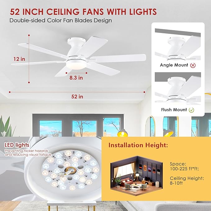 Ceiling Fans with Lights- 52" Low Profile Indoor Ceiling Fan with Light and Remote/APP Control, Flush Mount, 6 Blade, LED Dimmable DC Reversible Modern Ceiling Fan for Bedroom（White）