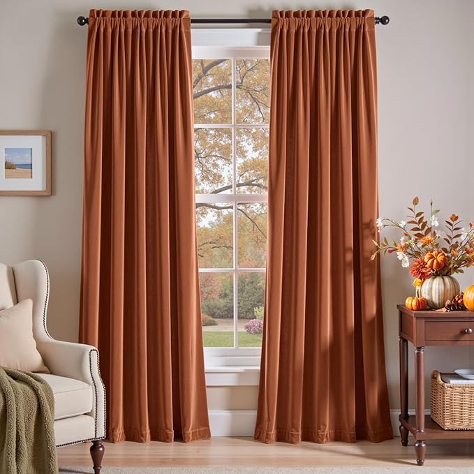 Lazzzy Velvet Blackout Curtains Thermal Insulated Room Window Drapes Super Soft Luxury Curtains for Living Room Bedroom Rod Pocket 2 Panels, Burnt Orange, 52" W x 90" L