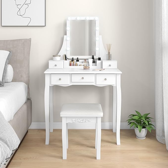 CHARMAID Vanity Desk with Mirror and Lights, Makeup Vanity Table with 5 Storage Drawers, 3 Color Lighting Modes, Adjustable Brightness, Modern Bedroom Dressing Table with Vanity Stool, White