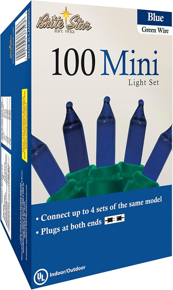 Brite Star 100 Count Mini String Christmas Lights, Blue - 22 feet Indoor/Outdoor Christmas Tree Lights with Green Wire