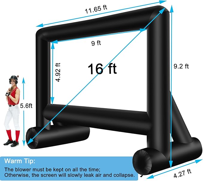 16 Feet Inflatable Projector Screen Outdoor Inflatable Movie Screen with Blower Carry Bag - Front and Rear Projection Blow Up Screen for Backyard Movie Night Pool Party