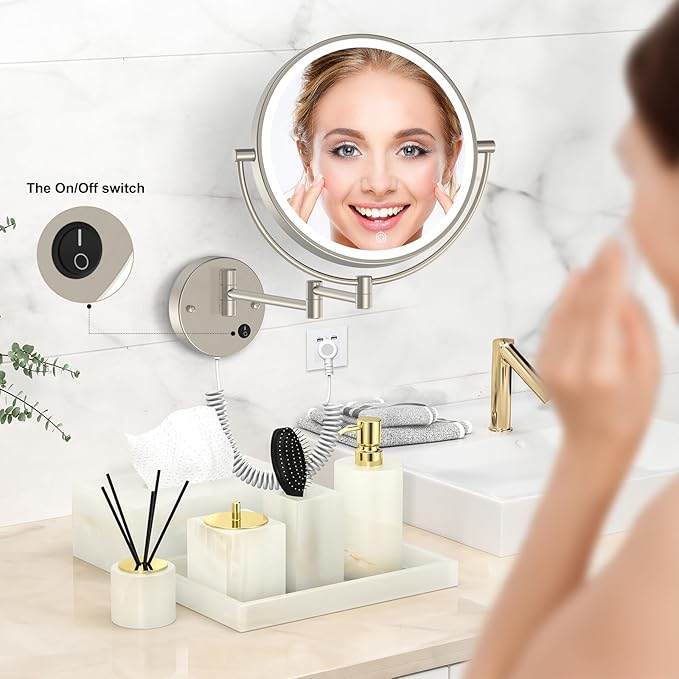 Rocollos 9" Plug-in Wall Mounted Lighted Makeup Mirror 1X/10X Magnification, Super Large Double Sided LED Vanity Mirror for Bathroom, 3 Color Dimmable 360°Swivel Extendable Shaving Cosmetic Mirror