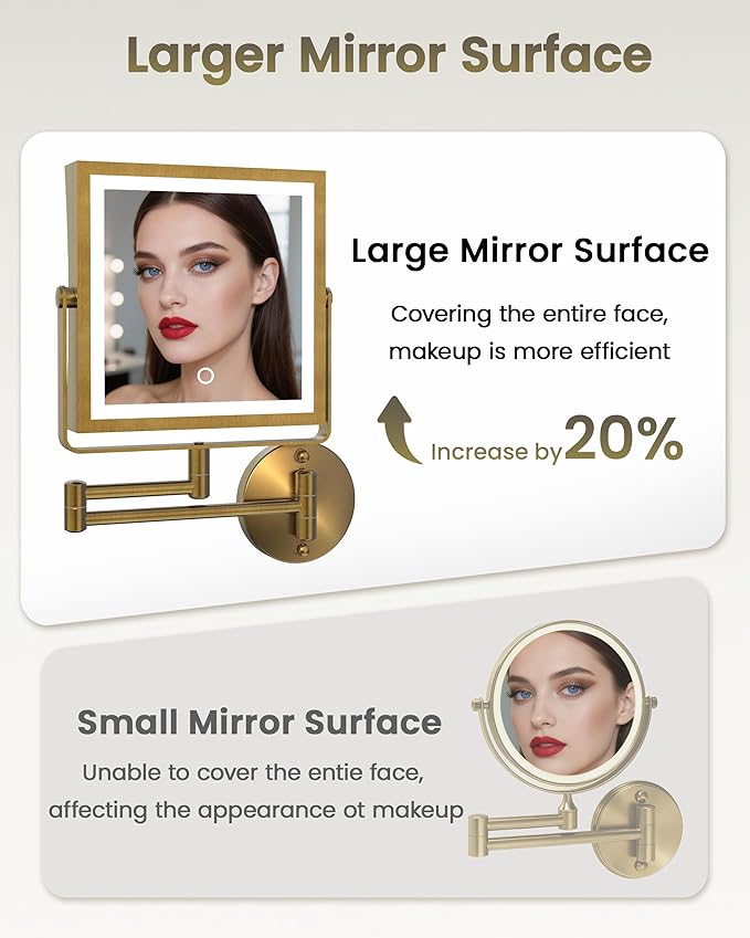 Rechargeable Wall Mounted Makeup Mirror with Lights, 4000mAh Double Sided 1X/10X Magnifying Vanity Mirror with 3 Color Lights, Touch Dimmable, 360° Extension Foldable Arm (Antique Brass)