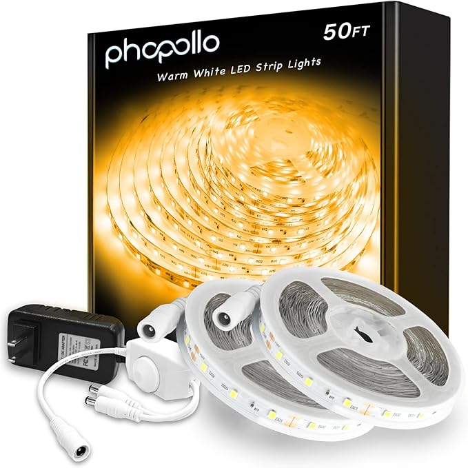 phopollo Warm White LED Strip Lights, 50ft (2 Rolls of 25ft) Dimmable 3000k Warm White Led Light Strip, 900 LEDs Flexible Led Lights for Bedroom, Mirror, Kitchen Decoration