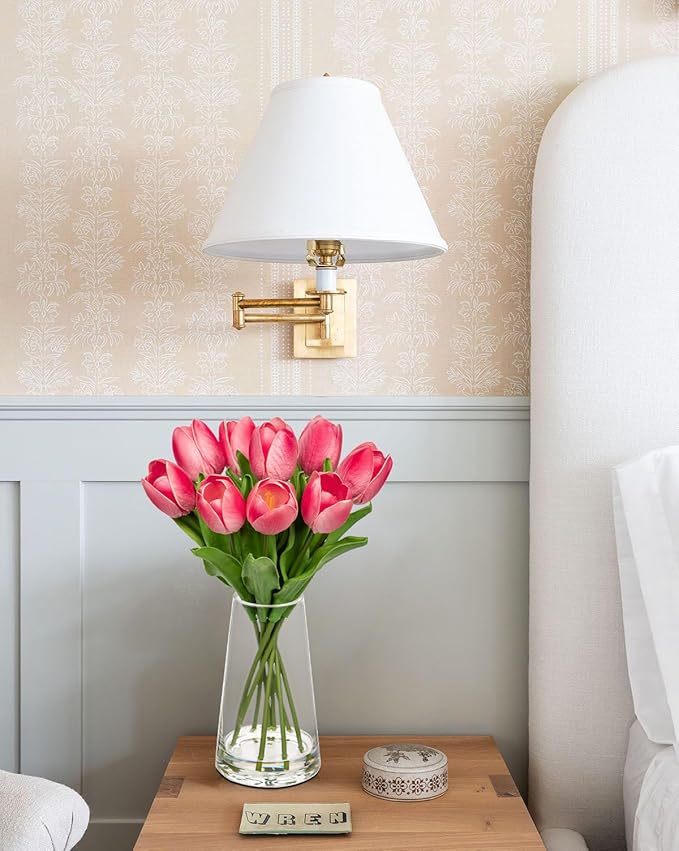 Fake Tulips Artificial Tulip Flowers in Glass Vase with Faux Water, 14.2" Real Touch Pink Tulip Flowers Spring Décor for Table Centerpiece Home Farmhouse Resto Wedding Decoration