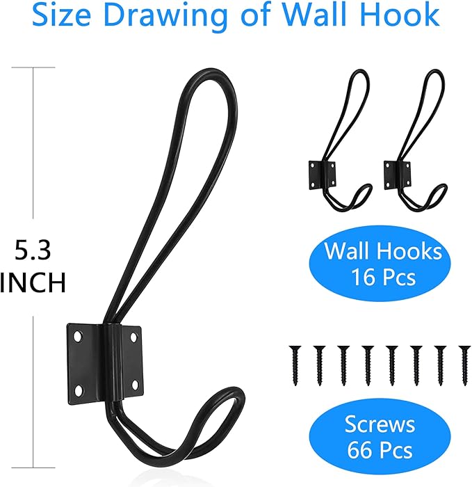 Rustic Entryway Hooks-16 Pack Farmhouse Hooks with Metal Screws Included, Black Decorative Wall Mounted Rustic Coat Hooks Rack, Double Vintage Organizer Hanging Wire Hook Clothes Hanger