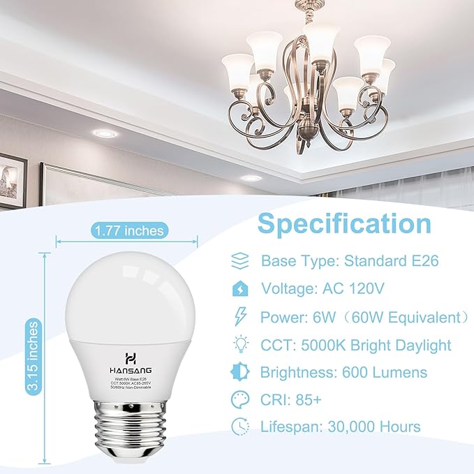 hansang A15 LED E26 Small Light Bulb, Daylight 5000K, 60Watt Equivalent Ceiling Fan Light Bulbs, E26 Standard Base Appliance Light Bulb, 600 Lumen, CRI85+, Eye Protection, 120V, Non-Dimmable 8 Pack